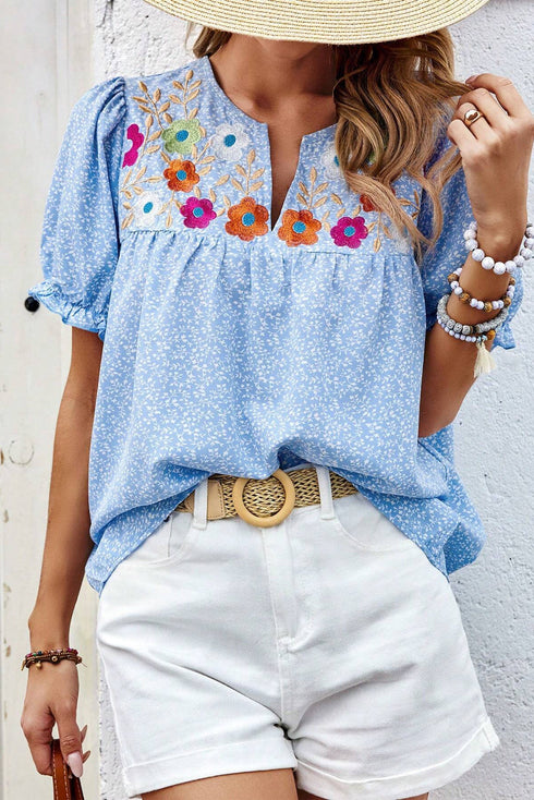 Artisan Floral Embroidery Puff Sleeve Printed V Neck Top